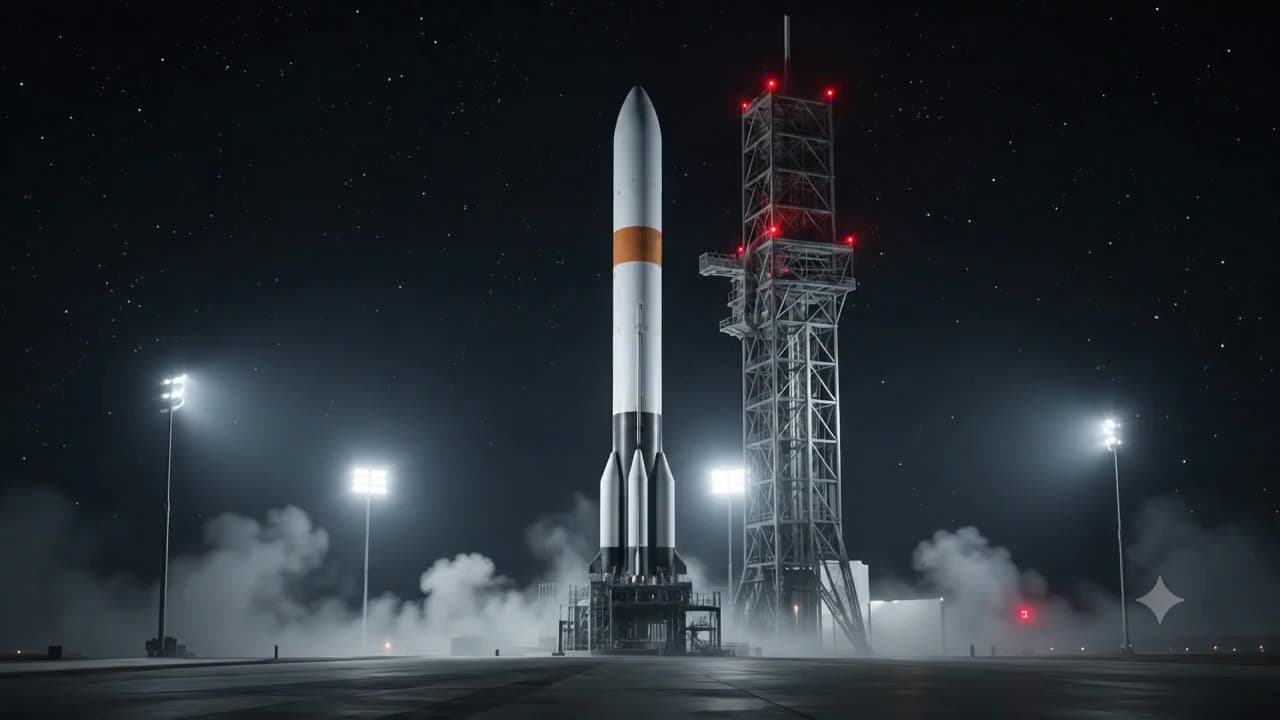 A launch vehicle lifts off at night, climbs through the cloud deck, sheds its first stage above Earth, and deploys a satellite into orbit.